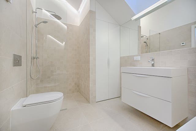 Bathroom with white walls and features